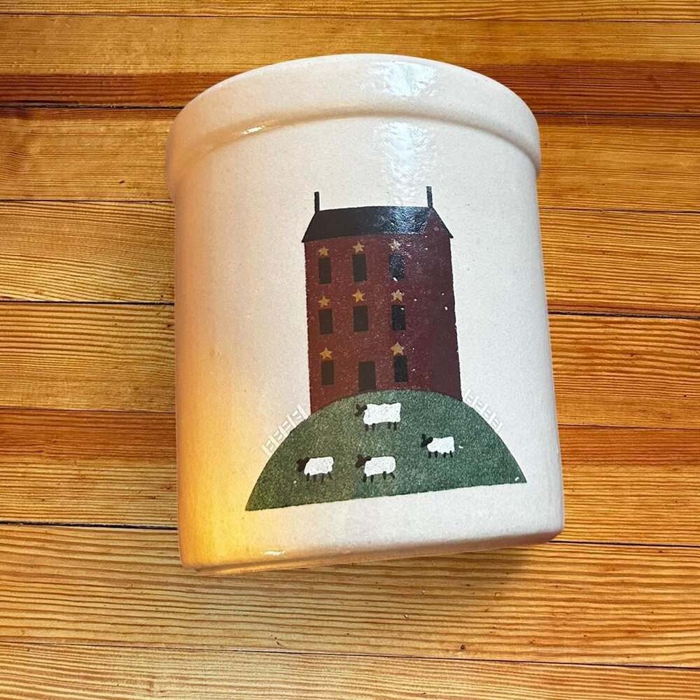 RRP Co. Roseville Ohio 297 Stoneware Crock with Wood Lid Sheep House